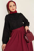 V-Neck Lace Leaf Embroidered Short Shirt, Black