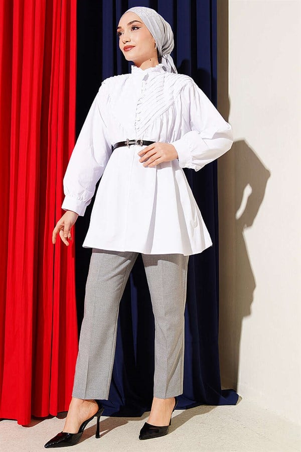 V-Ribbed Half-Brit Buttoned Tunic White