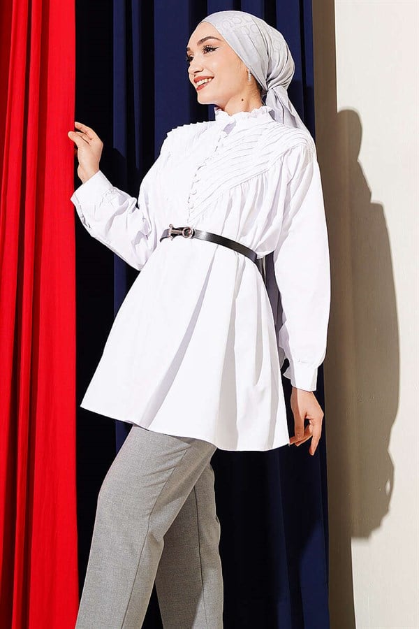 V-Ribbed Half-Brit Buttoned Tunic White