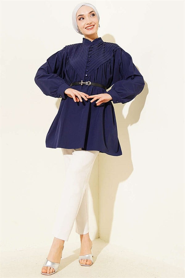 V-Neck Ribbed Half-Brit Buttoned Tunic Navy Blue