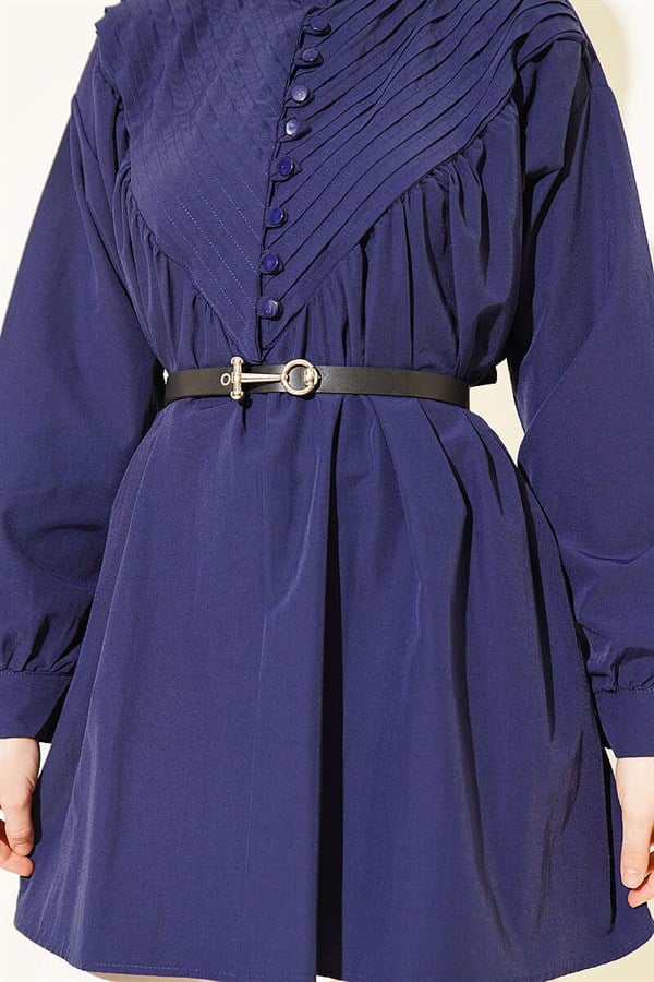 V-Neck Ribbed Half-Brit Buttoned Tunic Navy Blue