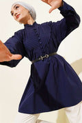V-Neck Ribbed Half-Brit Buttoned Tunic Navy Blue
