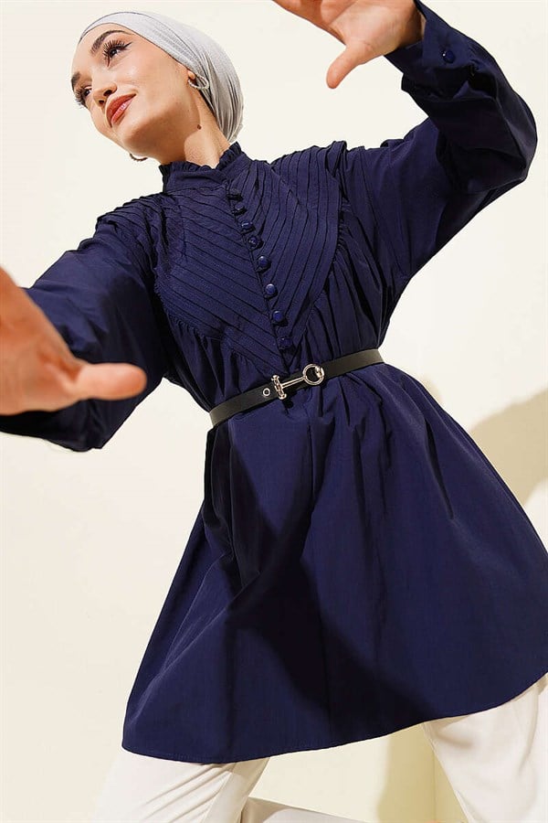 V-Neck Ribbed Half-Brit Buttoned Tunic Navy Blue