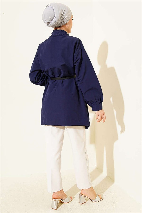 V-Neck Ribbed Half-Brit Buttoned Tunic Navy Blue