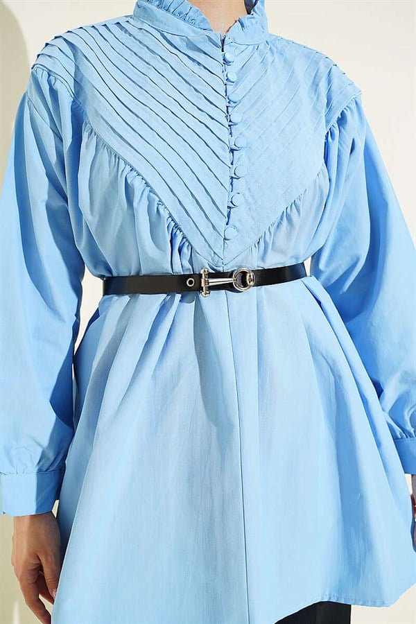 V-Ribbed Half British Buttoned Tunic Blue