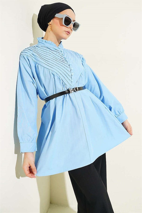 V-Ribbed Half British Buttoned Tunic Blue