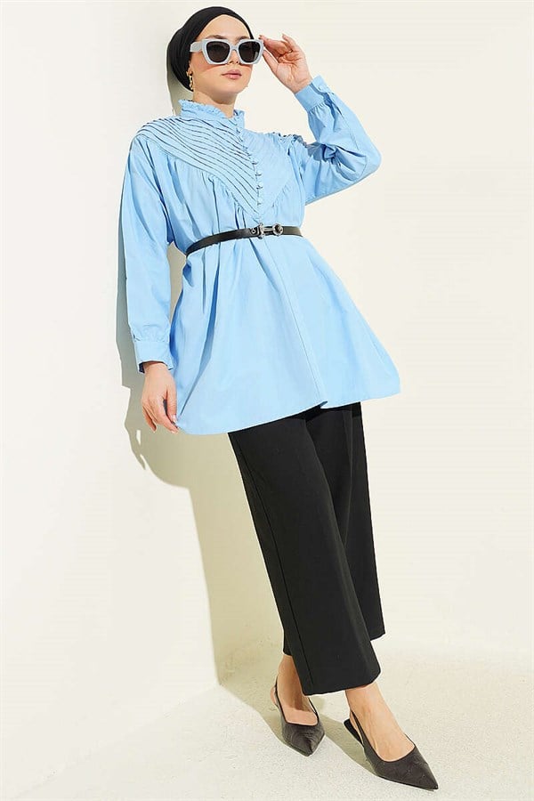 V-Ribbed Half British Buttoned Tunic Blue
