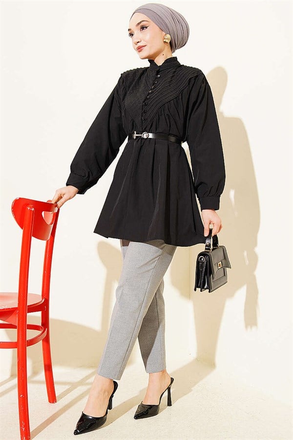 V-Ribbed Half British Buttoned Tunic Black