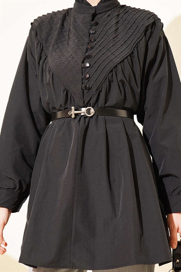 V-Ribbed Half British Buttoned Tunic Black