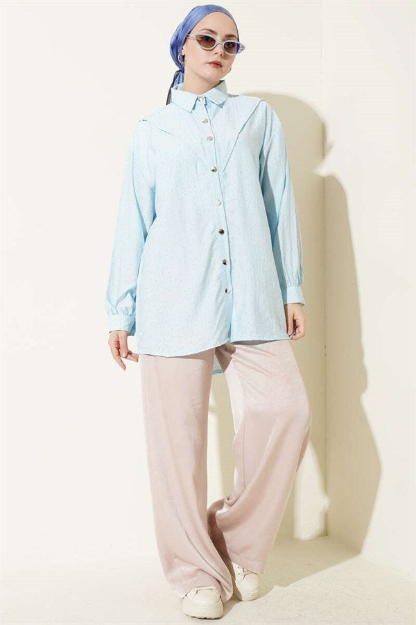 V-Neck Shirt with Stone Embellishments, Baby Blue