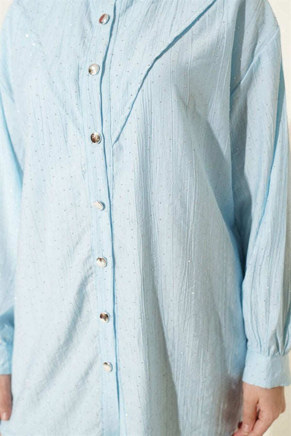 V-Neck Shirt with Stone Embellishments, Baby Blue