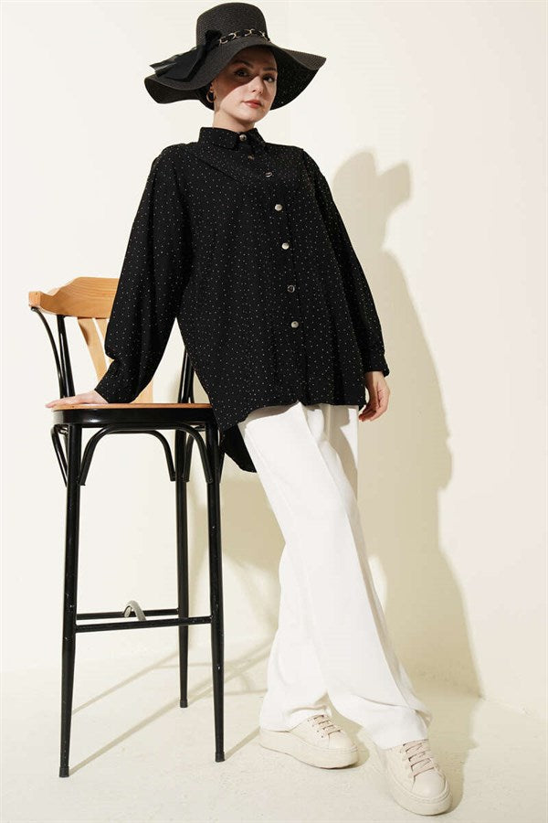 V-Neck Shirt with Stone Embellishments, Black