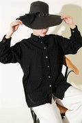 V-Neck Shirt with Stone Embellishments, Black