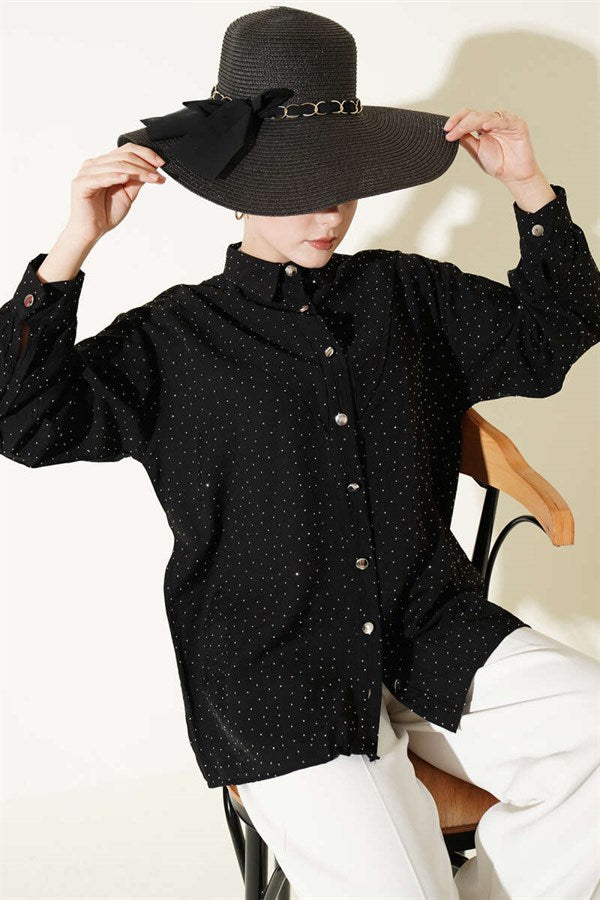 V-Neck Shirt with Stone Embellishments, Black