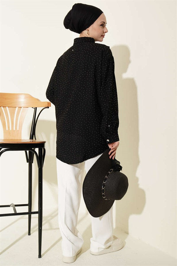 V-Neck Shirt with Stone Embellishments, Black
