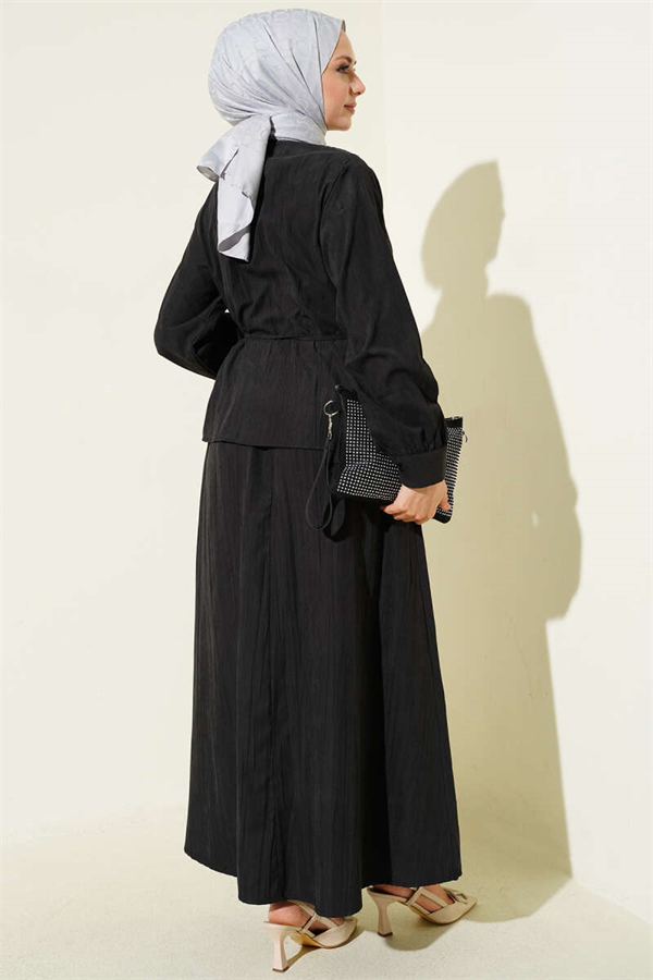 V-Shaped Tencel Skirt 2 Piece Set with Stone Embellishments, Anthracite