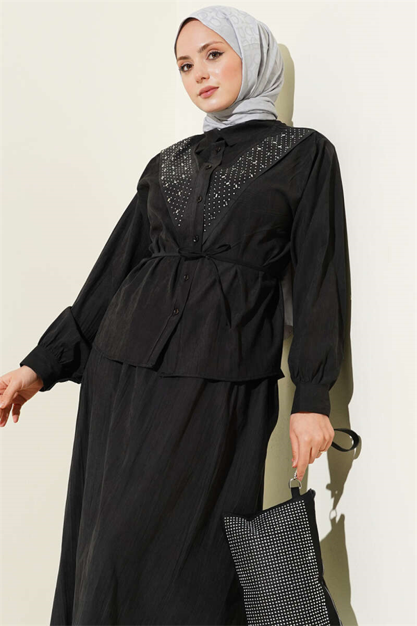 V-Shaped Tencel Skirt 2 Piece Set with Stone Embellishments, Anthracite