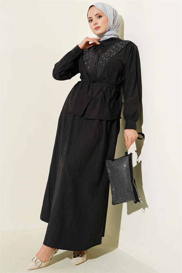 V-Shaped Tencel Skirt 2 Piece Set with Stone Embellishments, Anthracite