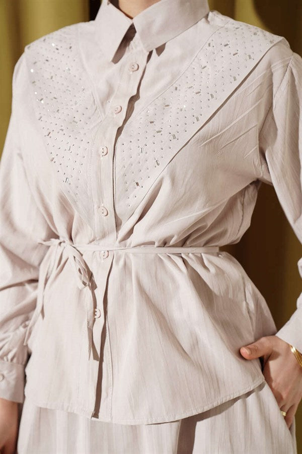 Beige Tencel Skirt 2 Piece Set with Stone Embellishments