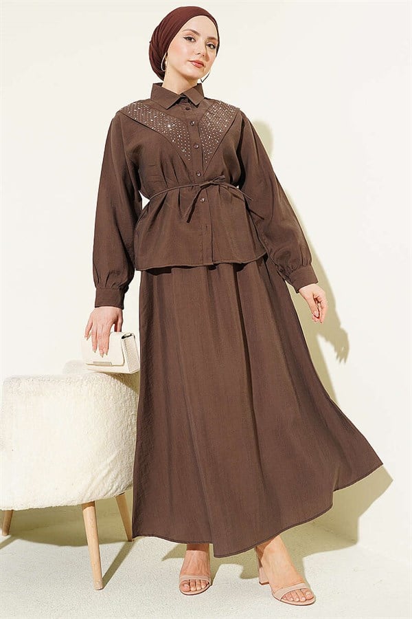 V-Shaped Tencel Skirt 2 Piece Set with Stone Embellishments, Chestnut