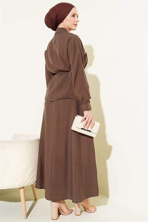 V-Shaped Tencel Skirt 2 Piece Set with Stone Embellishments, Chestnut