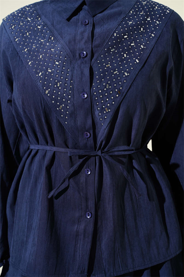Navy Blue Tencel Skirt 2 Piece Set with Stone Embellishments