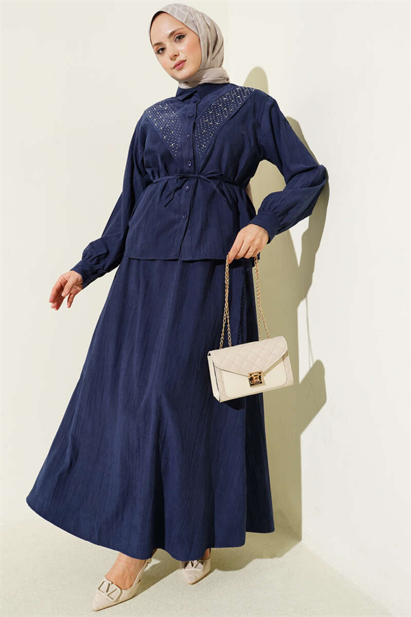 Navy Blue Tencel Skirt 2 Piece Set with Stone Embellishments