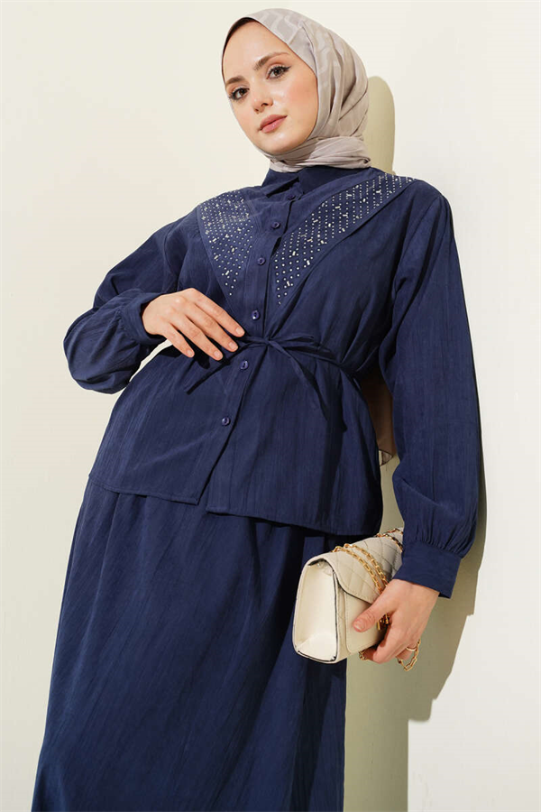 Navy Blue Tencel Skirt 2 Piece Set with Stone Embellishments