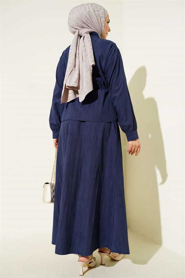 Navy Blue Tencel Skirt 2 Piece Set with Stone Embellishments