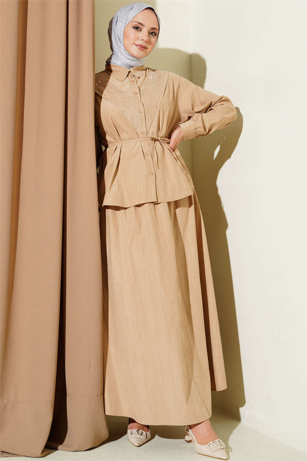 V-Shaped Tencel Skirt 2 Piece Set with Stone Embellishments (Latte)