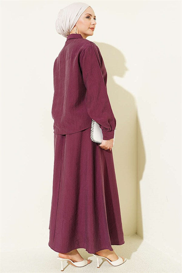 V-Shaped Tencel Skirt 2 Piece Set with Stone Embellishments, Plum