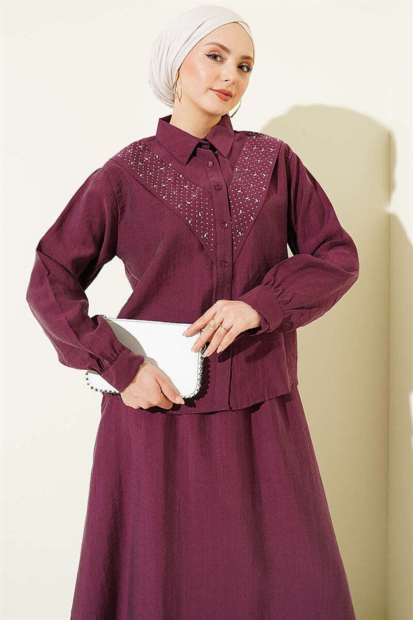 V-Shaped Tencel Skirt 2 Piece Set with Stone Embellishments, Plum