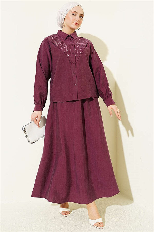 V-Shaped Tencel Skirt 2 Piece Set with Stone Embellishments, Plum