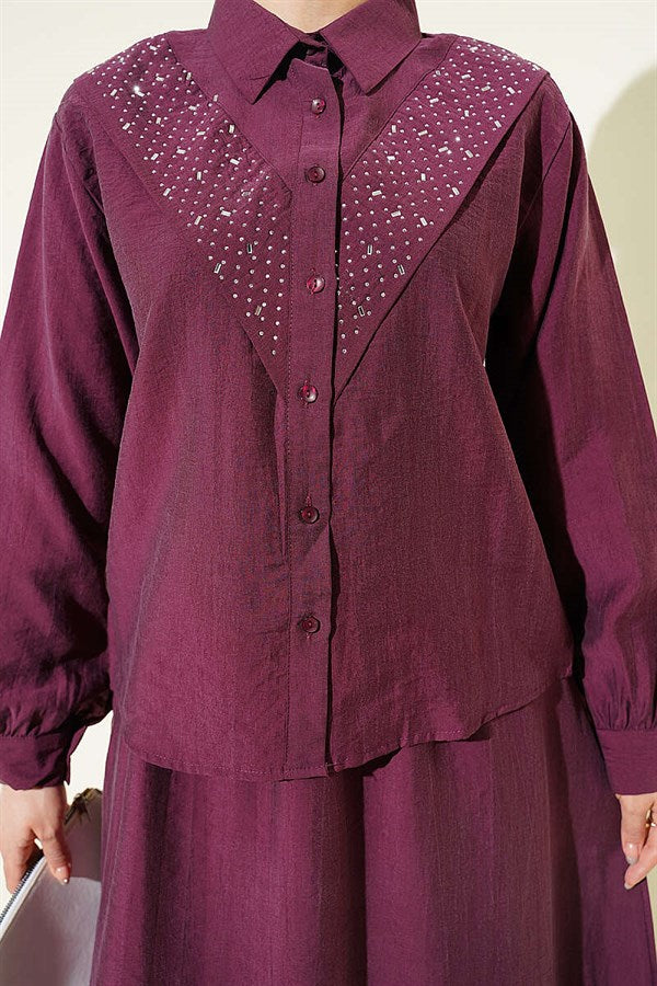V-Shaped Tencel Skirt 2 Piece Set with Stone Embellishments, Plum