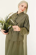 V-Shaped Tencel Skirt 2 Piece Set with Stone Embellishments, Dark Green