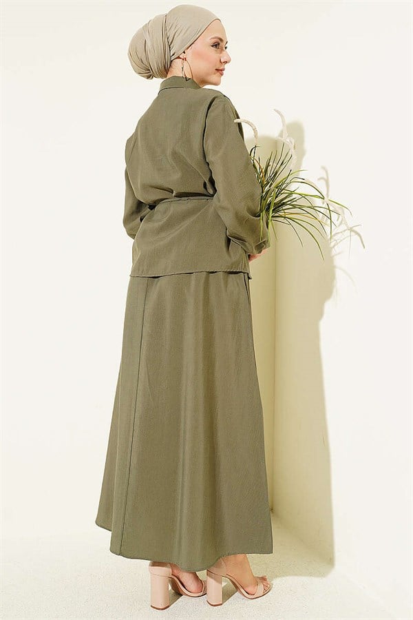 V-Shaped Tencel Skirt 2 Piece Set with Stone Embellishments, Dark Green