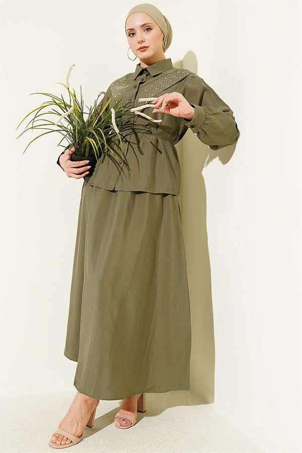 V-Shaped Tencel Skirt 2 Piece Set with Stone Embellishments, Dark Green