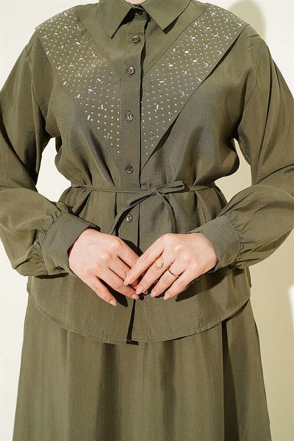 V-Shaped Tencel Skirt 2 Piece Set with Stone Embellishments, Dark Green
