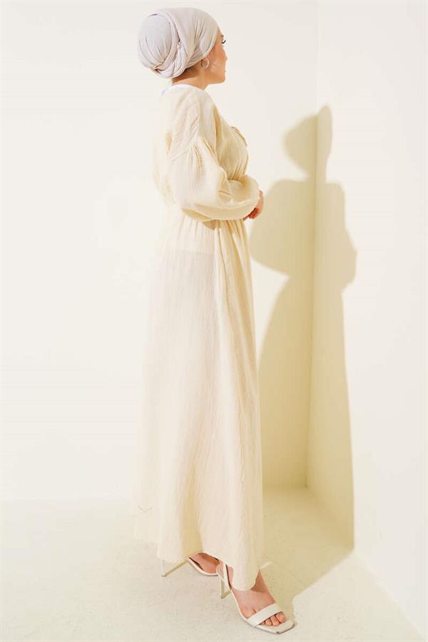 V-Neck Lace-Up Dress Beige