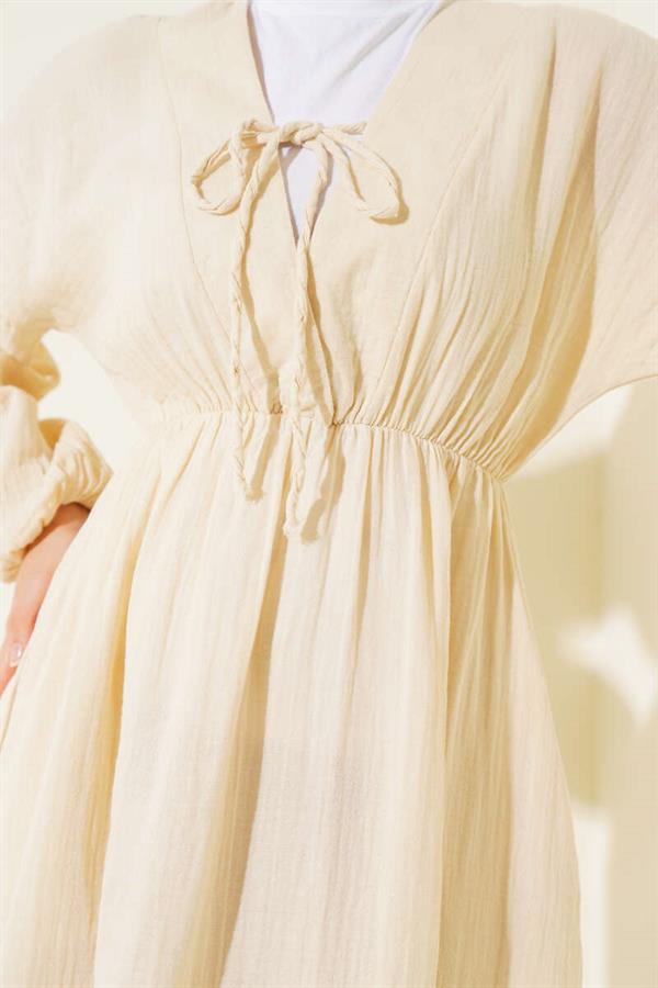 V-Neck Lace-Up Dress Beige