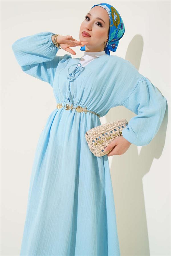 V-Neck Lace-Up Dress Ice Blue