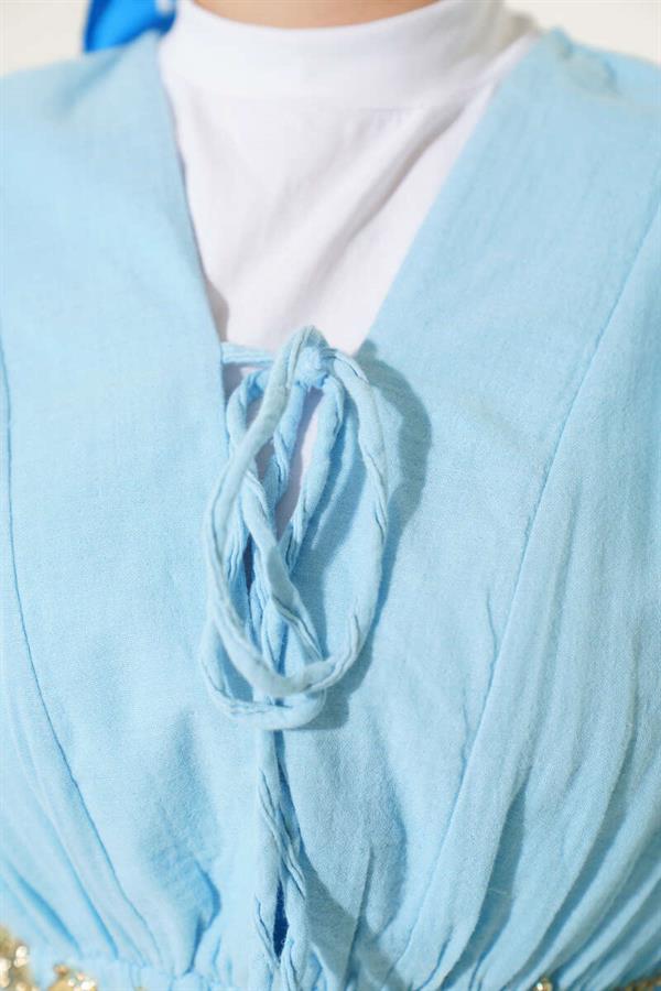 V-Neck Lace-Up Dress Ice Blue