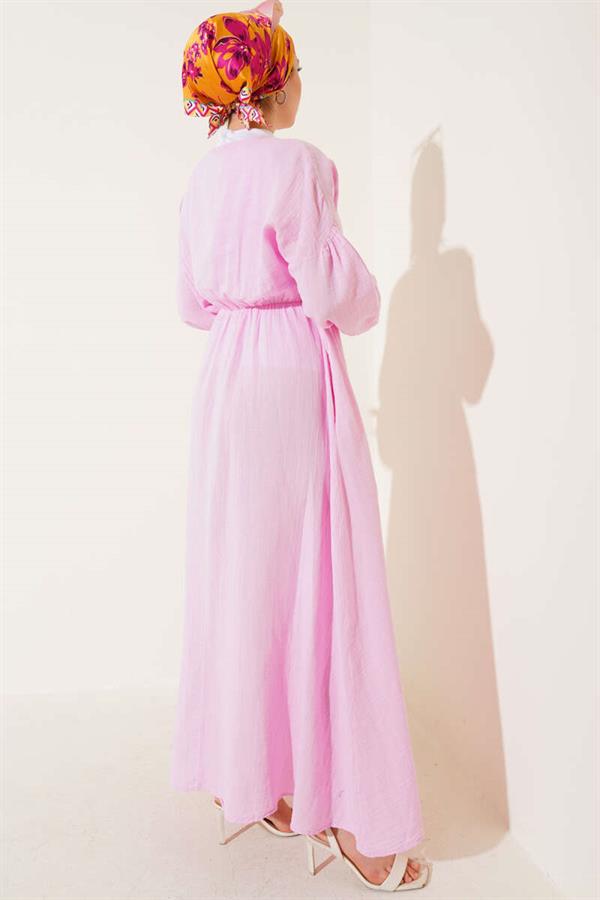 V-Neck Lace-Up Dress Pink