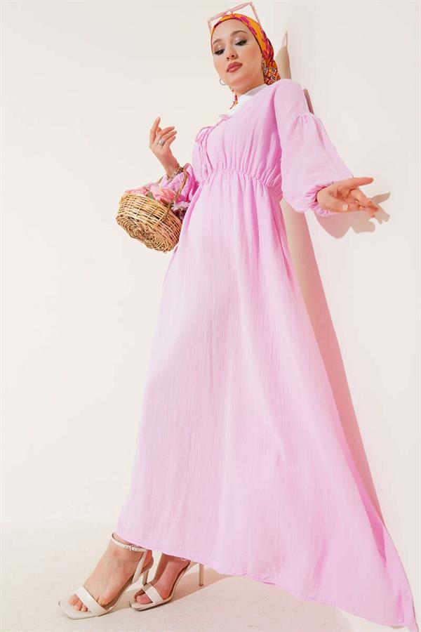 V-Neck Lace-Up Dress Pink