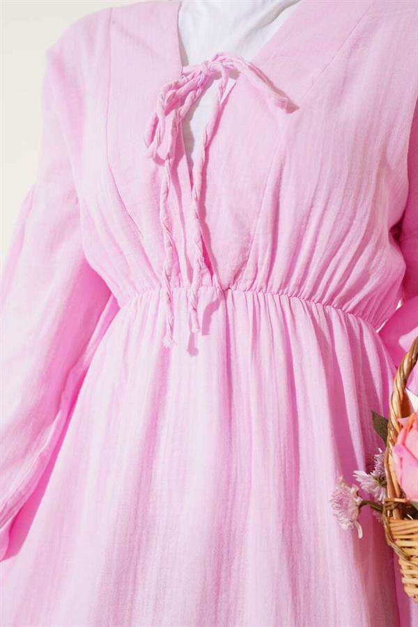 V-Neck Lace-Up Dress Pink