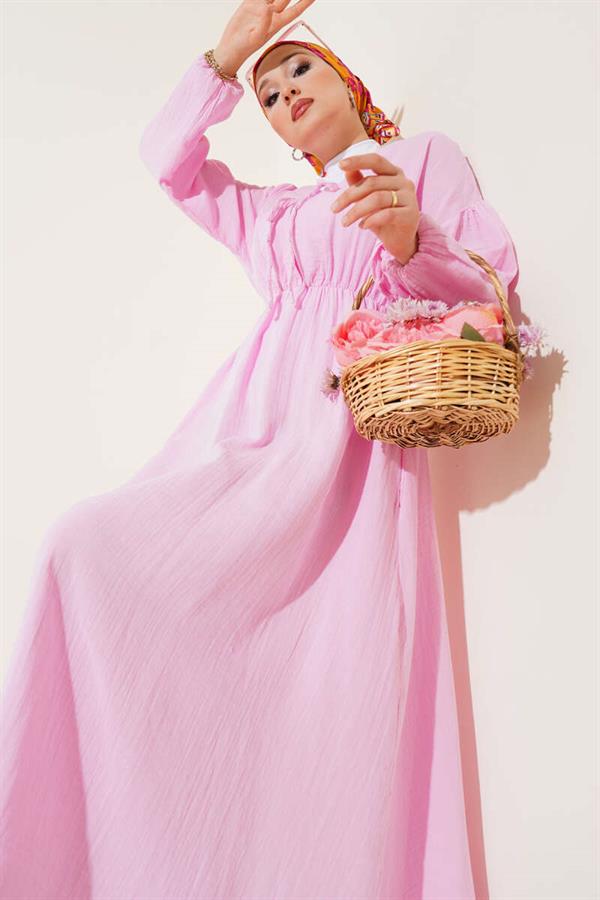 V-Neck Lace-Up Dress Pink
