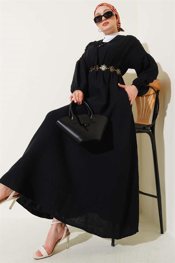 V-Neck Lace-Up Dress Black