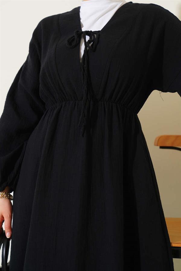V-Neck Lace-Up Dress Black