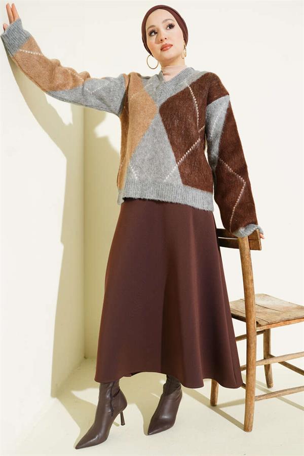 V-Neck Diamond Patterned Knitwear Sweater Gray