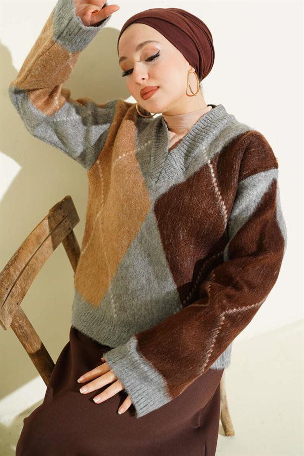 V-Neck Diamond Patterned Knitwear Sweater Gray